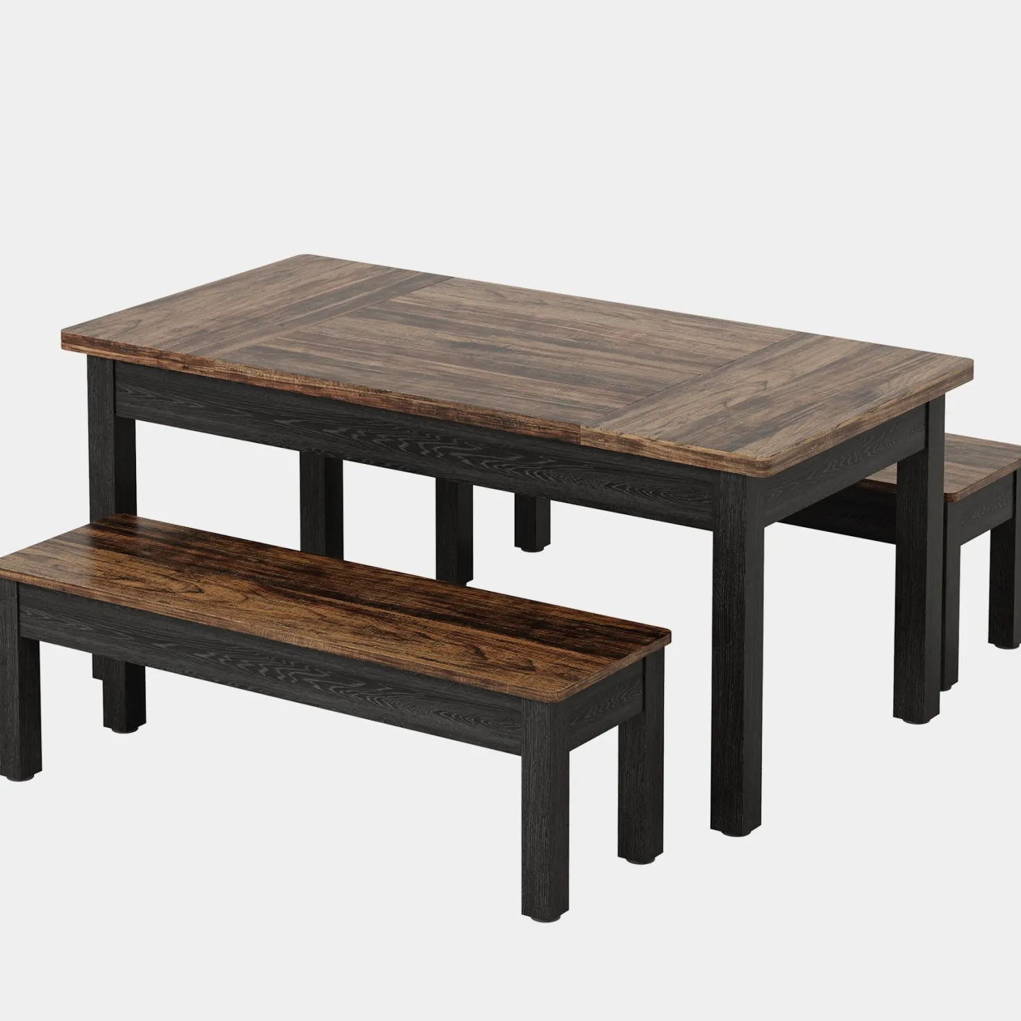 55" Dining Table Set, 3 Pieces Wood Kitchen Table with 2 Benches