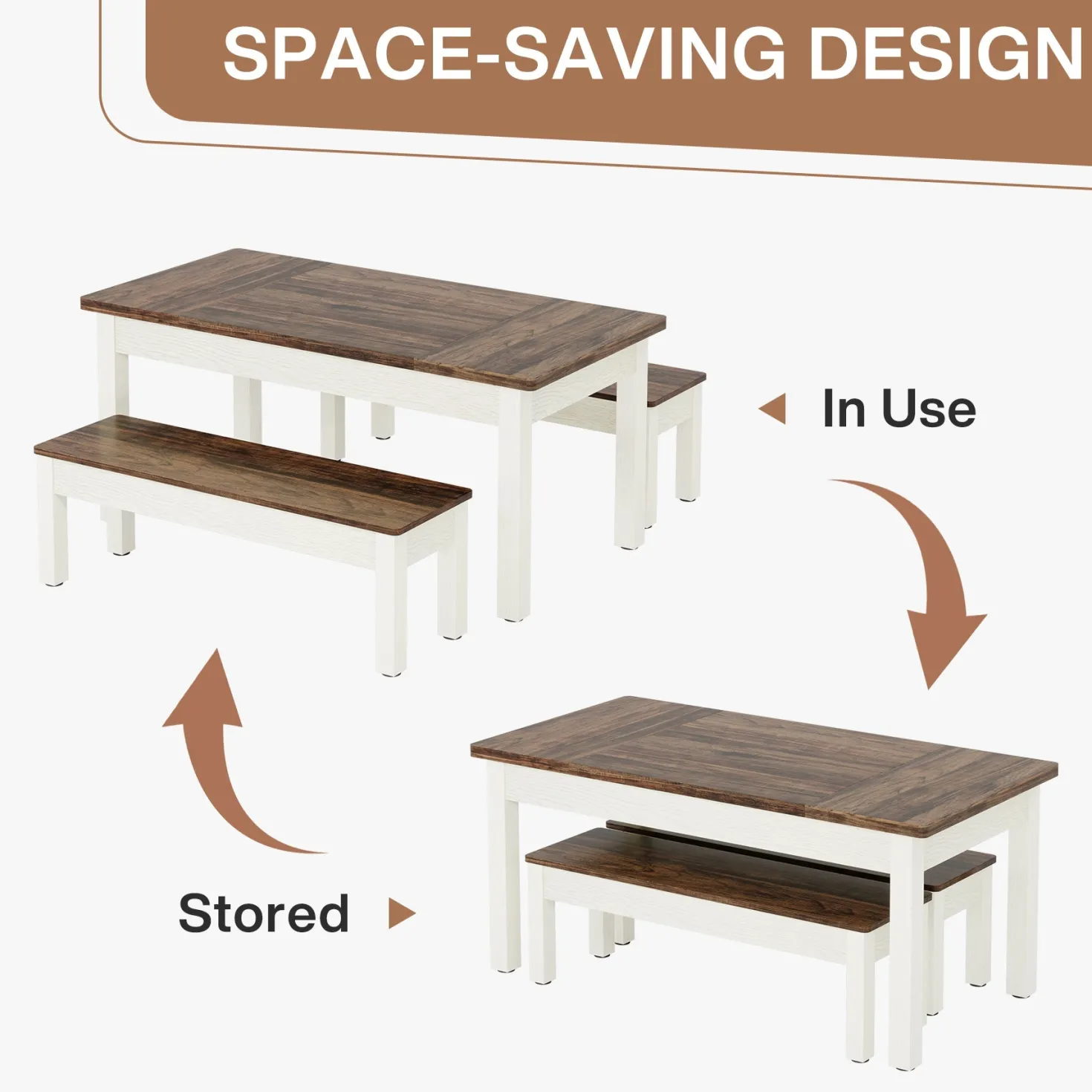 55" Dining Table Set, 3 Pieces Wood Kitchen Table with 2 Benches