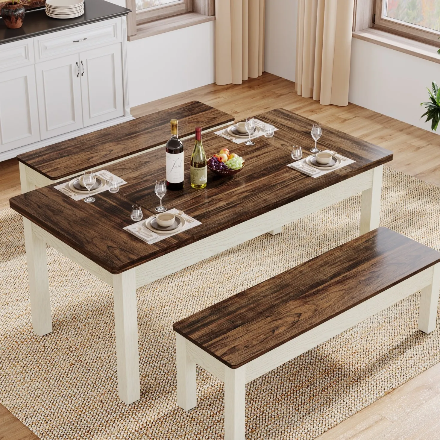 55" Dining Table Set, 3 Pieces Wood Kitchen Table with 2 Benches