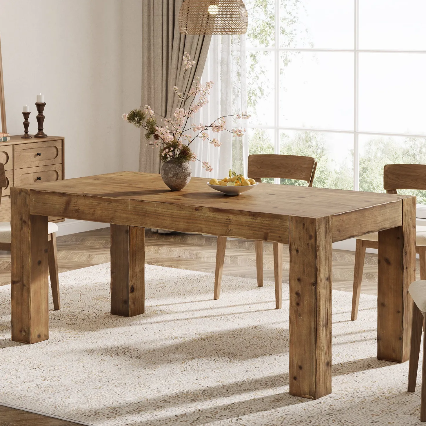 63" Dining Table, Solid Wood Dinner Kitchen Table For 4 To 6