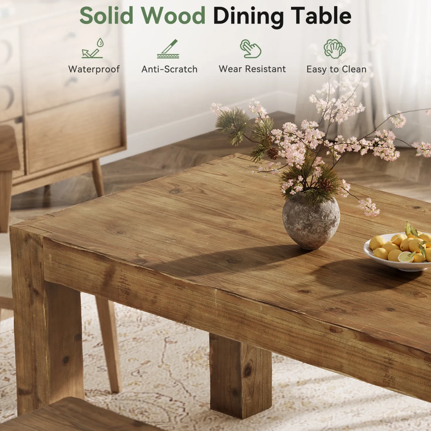 63" Dining Table, Solid Wood Dinner Kitchen Table For 4 To 6
