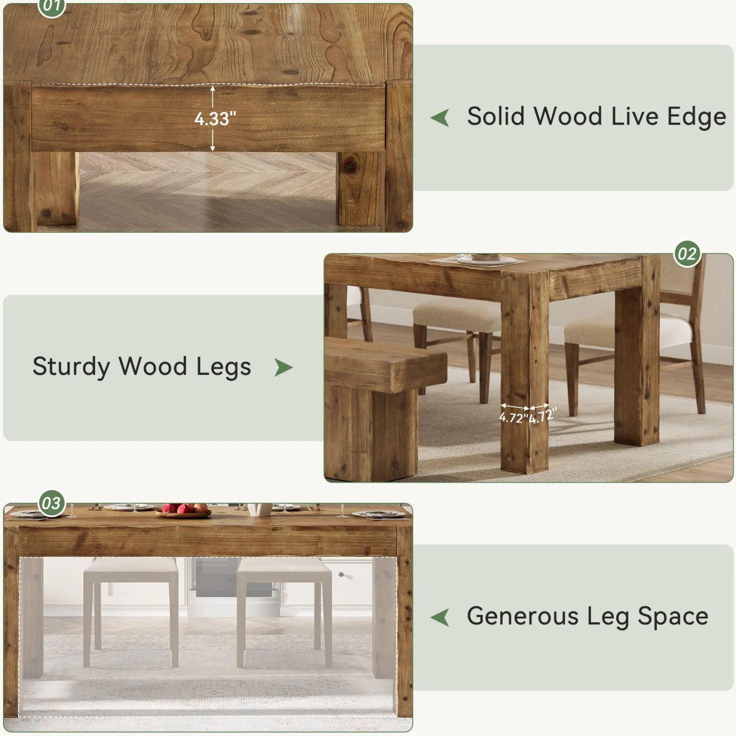 63" Dining Table, Solid Wood Dinner Kitchen Table For 4 To 6