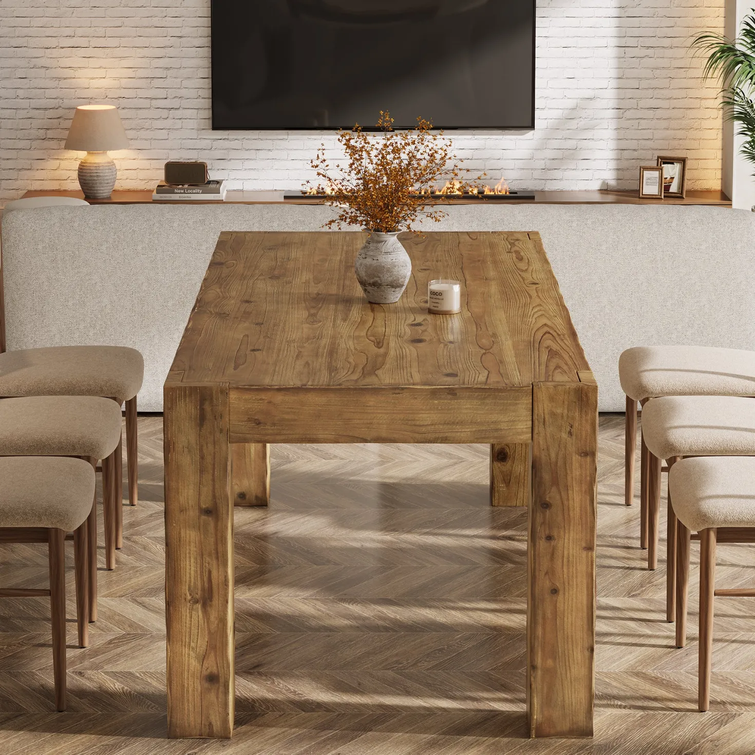63" Dining Table, Solid Wood Dinner Kitchen Table For 4 To 6