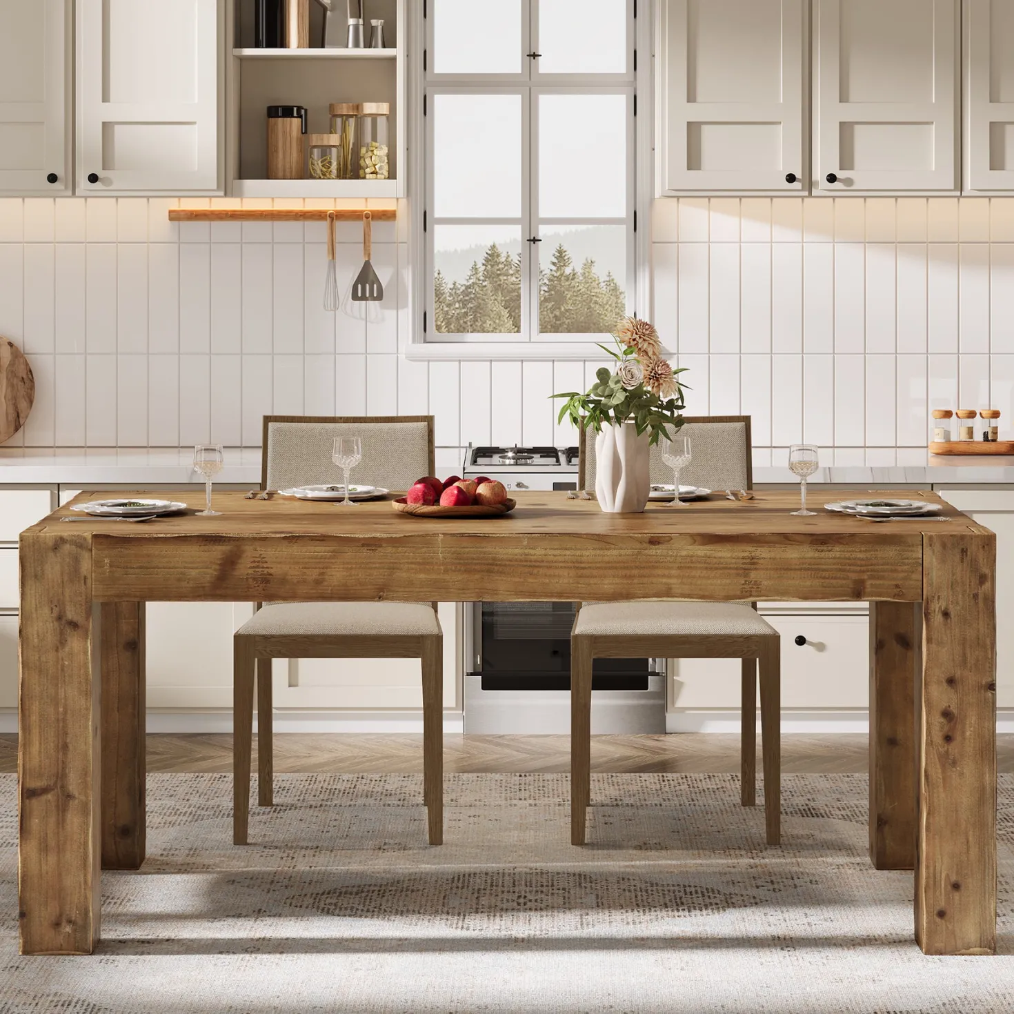 63" Dining Table, Solid Wood Dinner Kitchen Table For 4 To 6