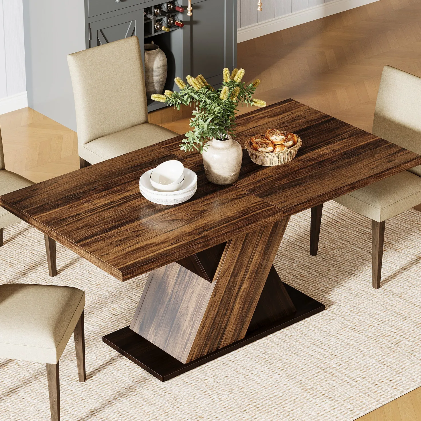 55" Dining Table, Wood Kitchen Dinner Table for 4-6
