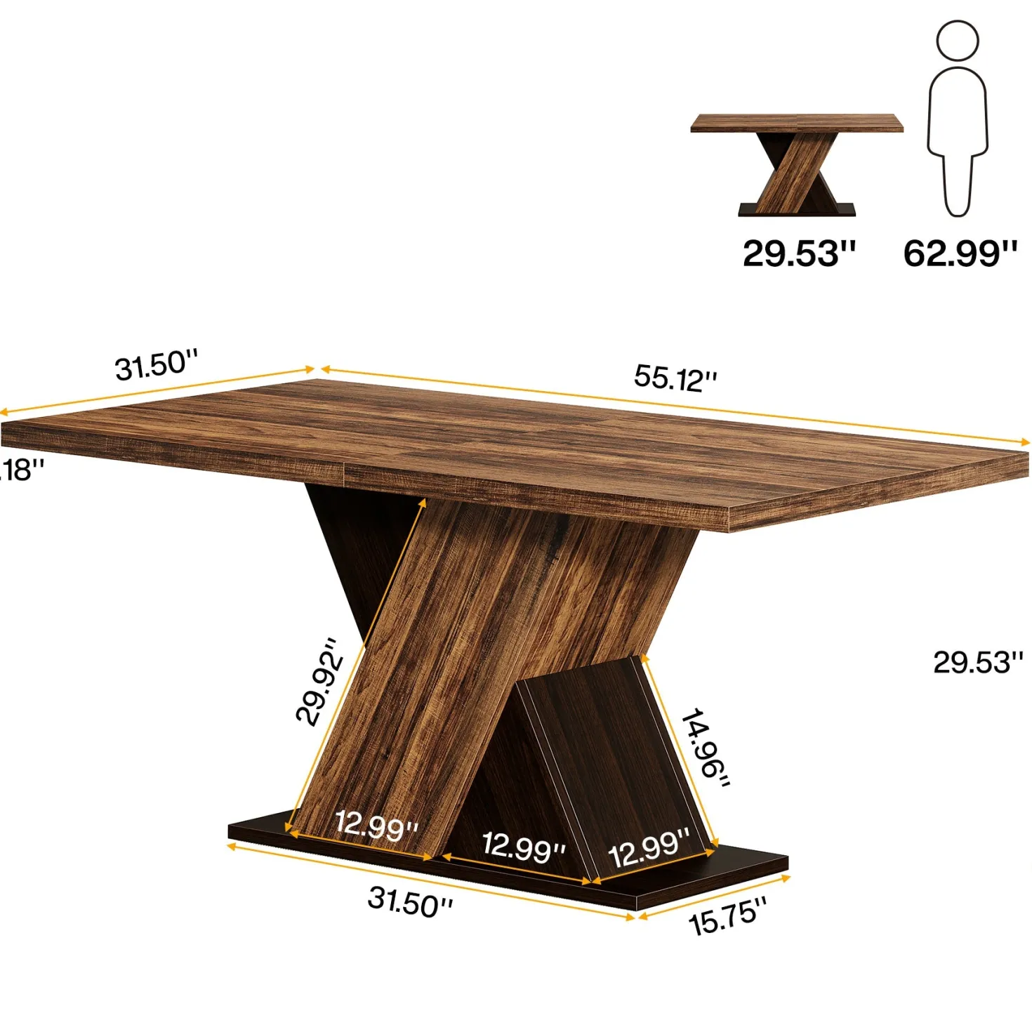 55" Dining Table, Wood Kitchen Dinner Table for 4-6