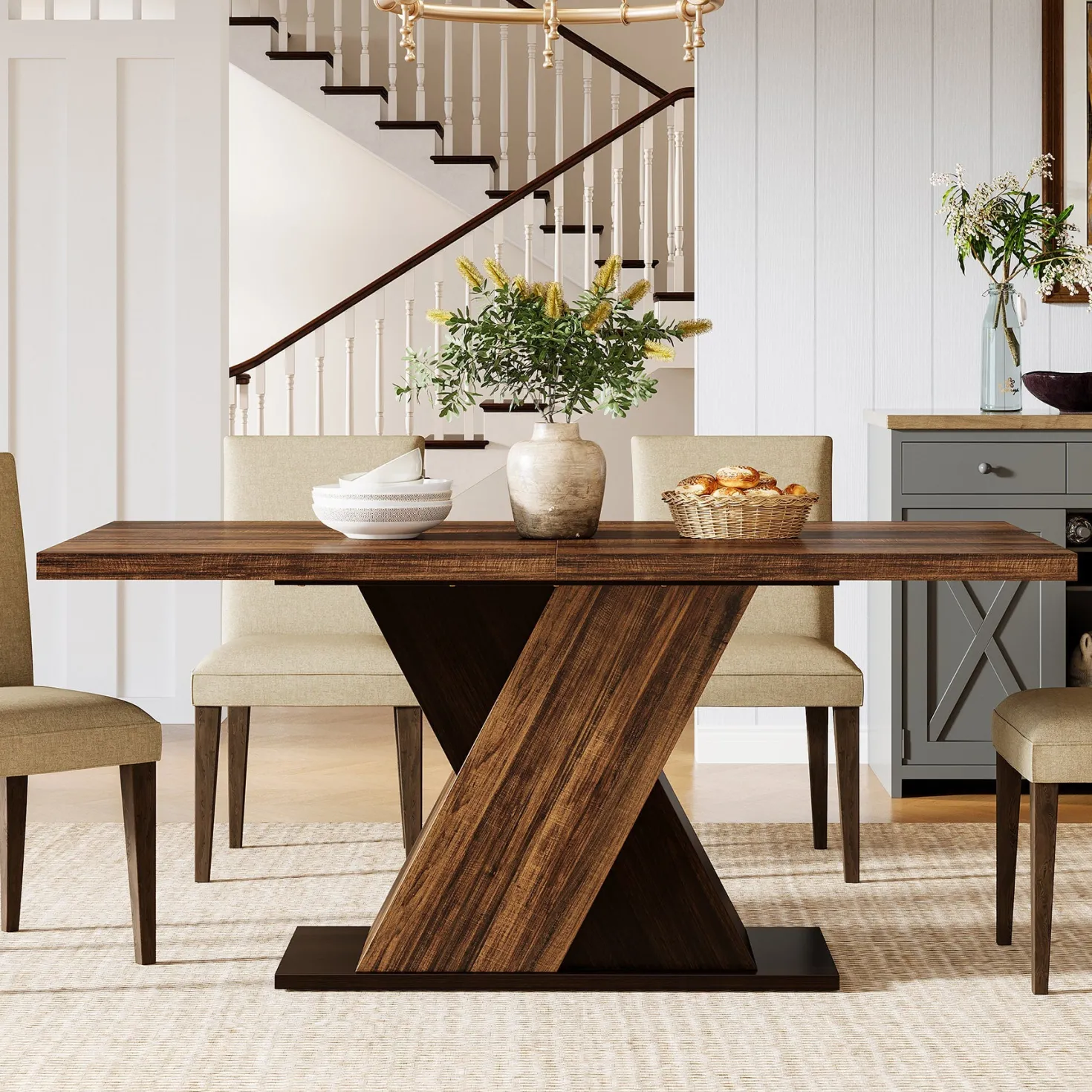 55" Dining Table, Wood Kitchen Dinner Table for 4-6