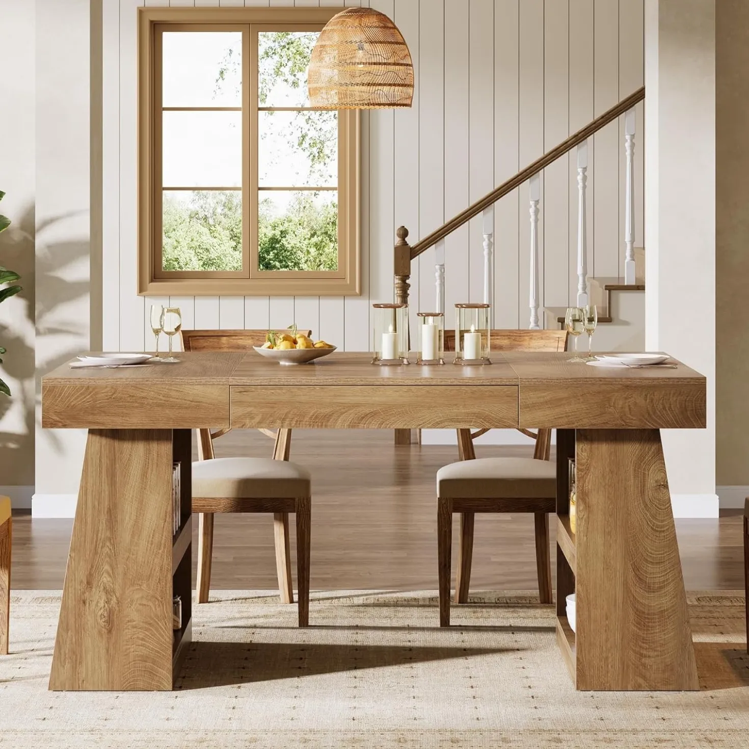 55" Dining Table, Wooden Kitchen Dinner Table with Storage Drawer for 4-6 People