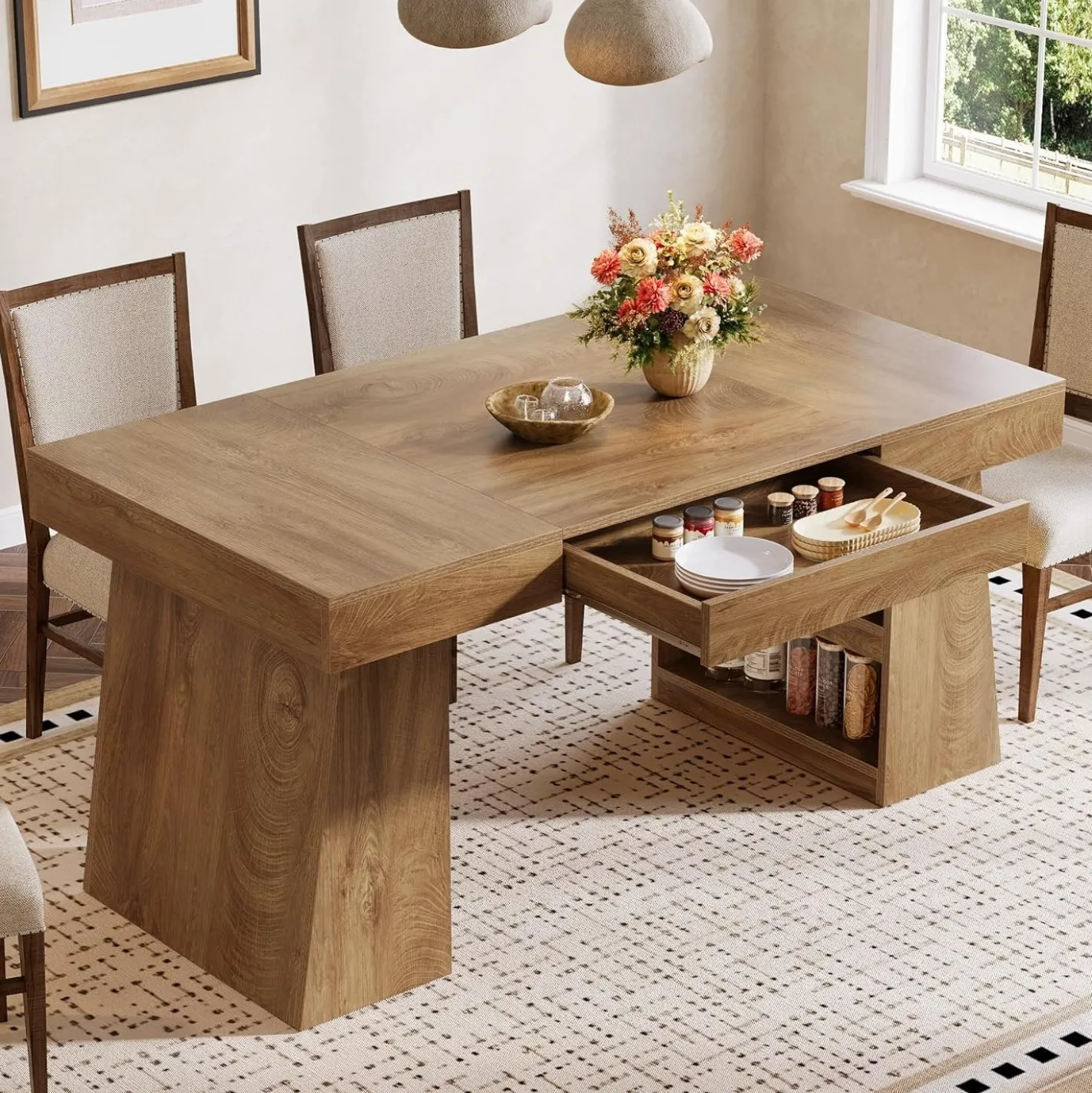 55" Dining Table, Wooden Kitchen Dinner Table with Storage Drawer for 4-6 People
