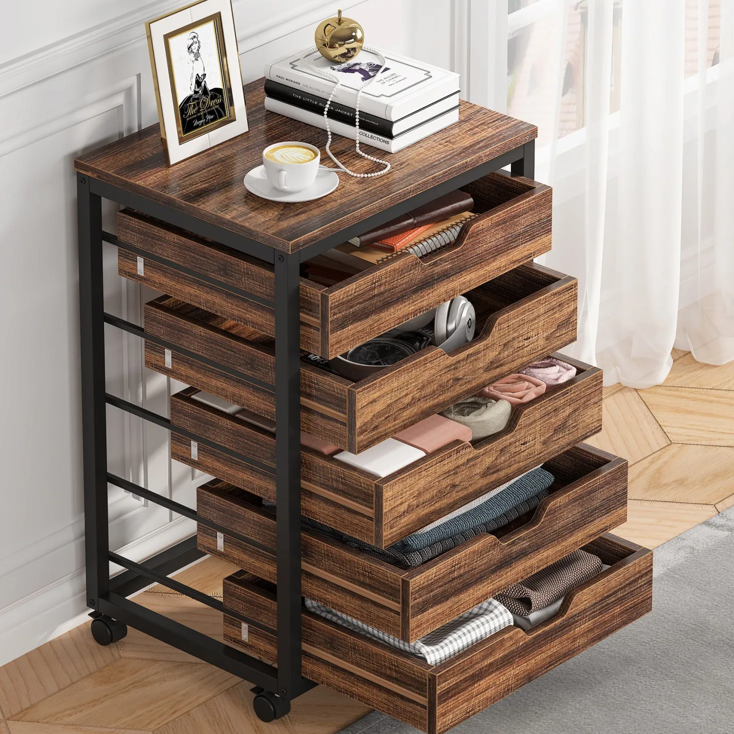5/7 Drawer Chest, Wooden Storage Dresser Cabinet with Wheels