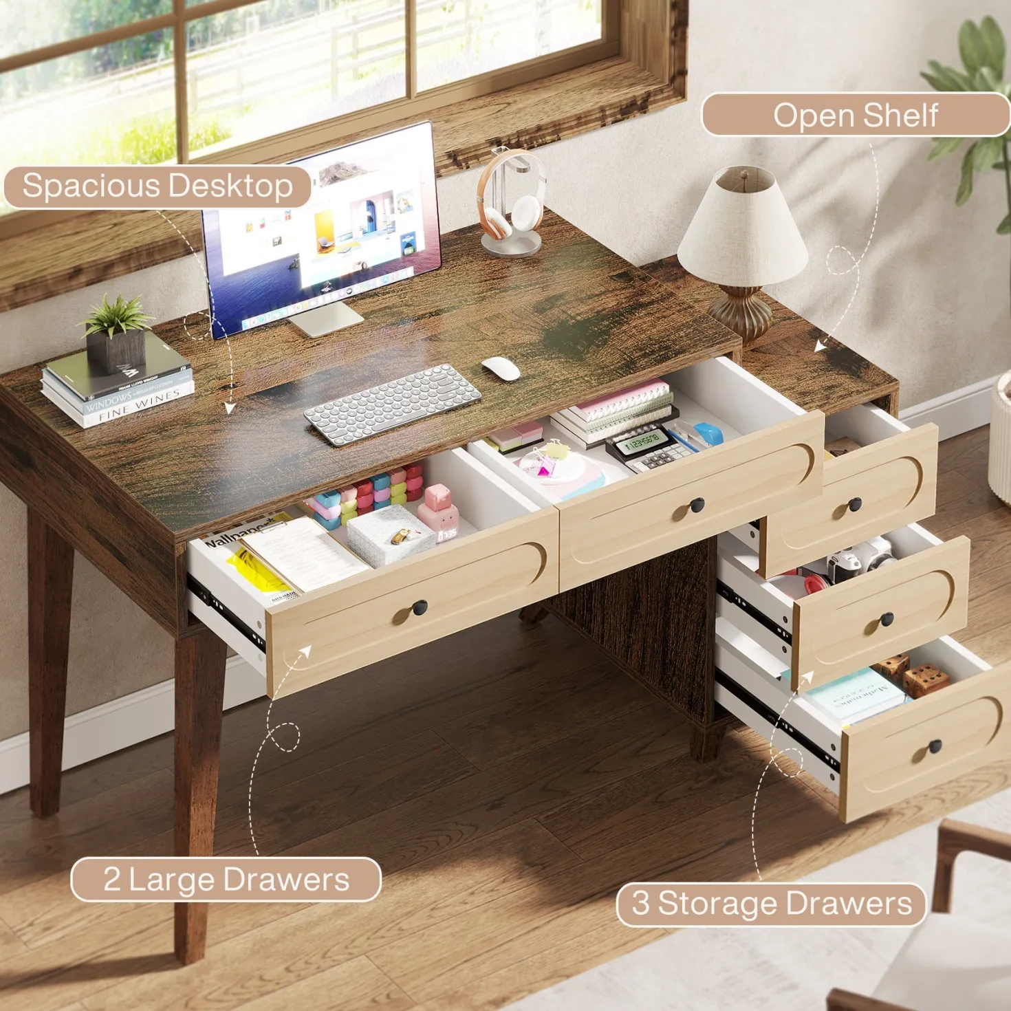 5 Drawers Computer Desk, 51" Study Writing Table with Reversible Drawer Cabinet