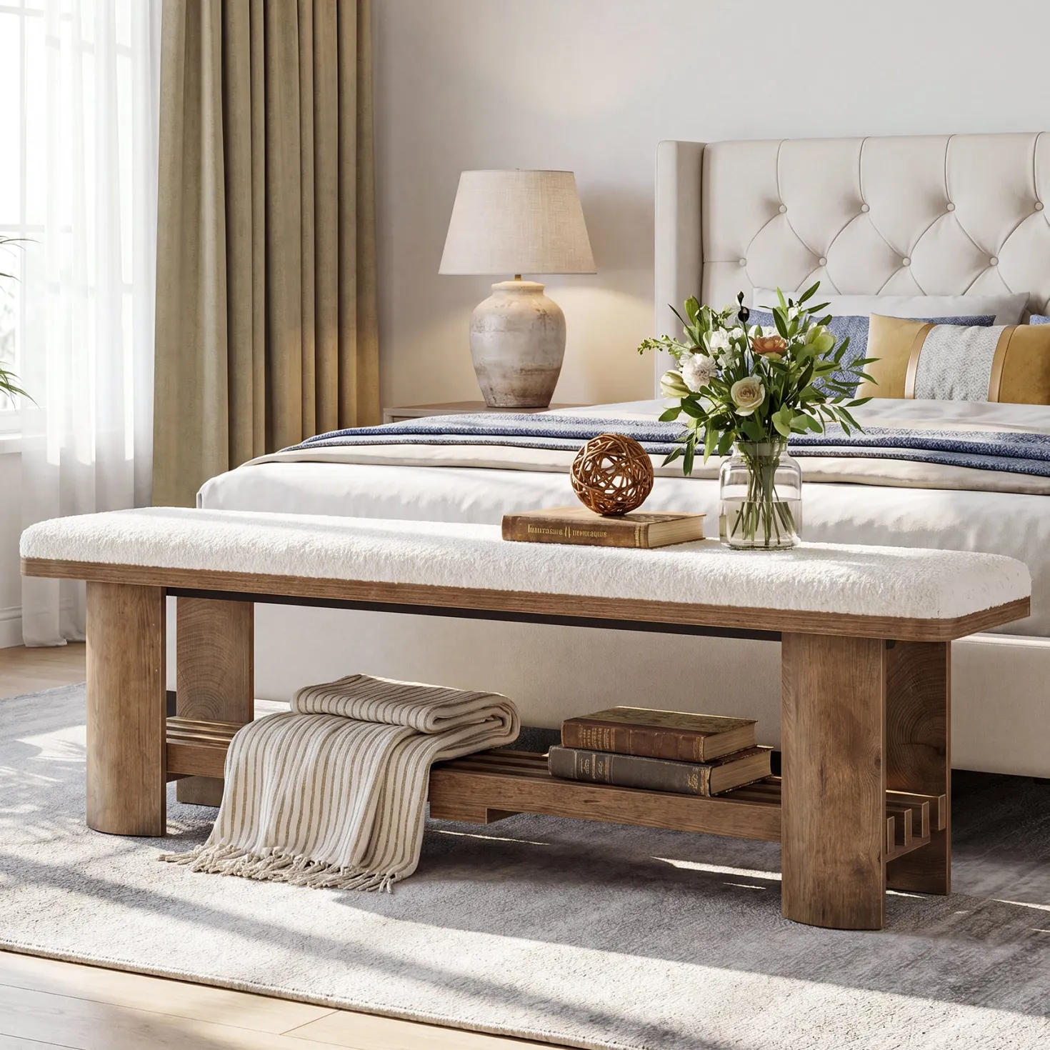 62.9" End of Bed Bench with Faux Lamb Wool Cushion for Bedroom