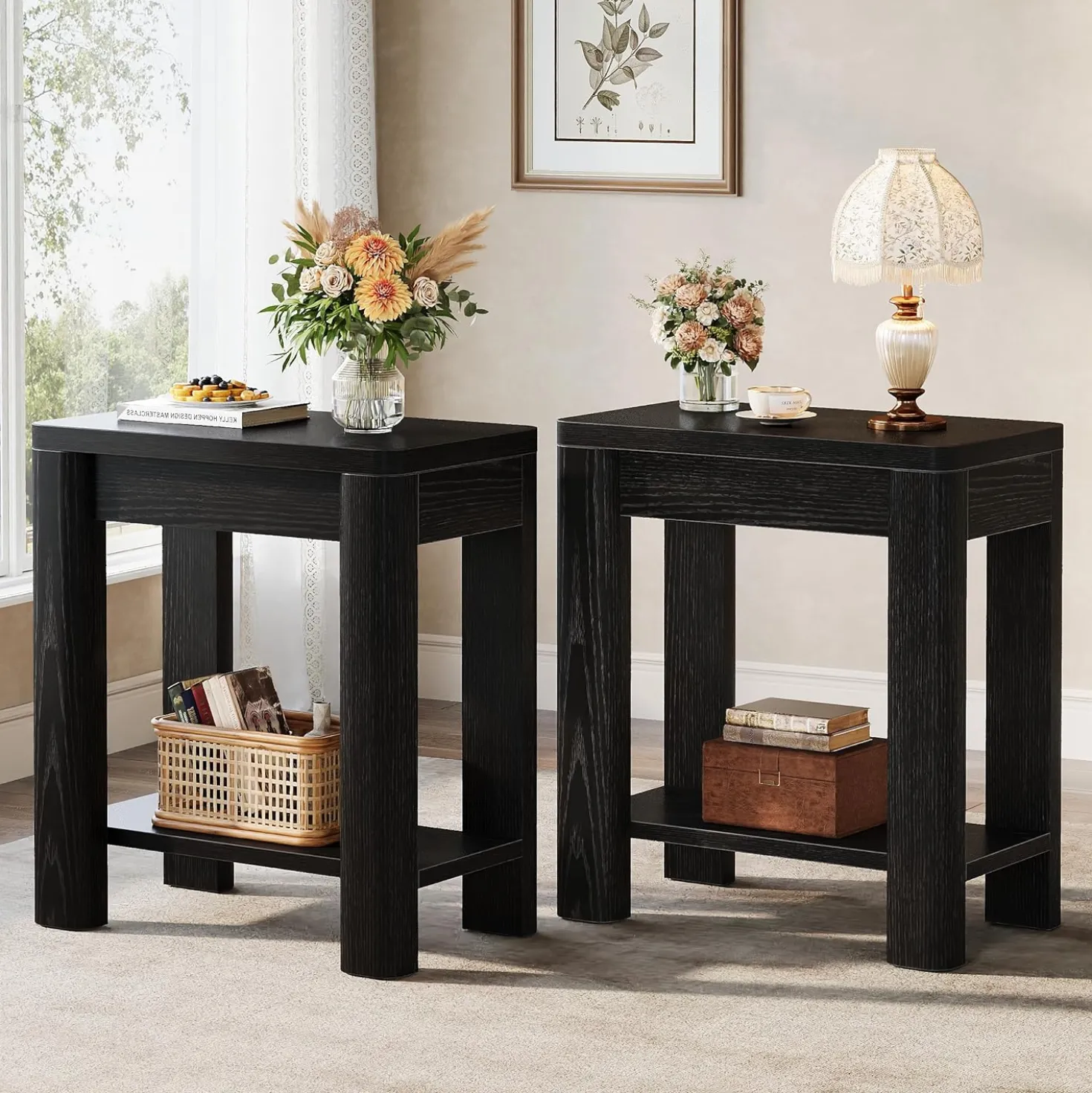23.6" End Table, Farmhouse Wooden Side Table with Storage Shelf