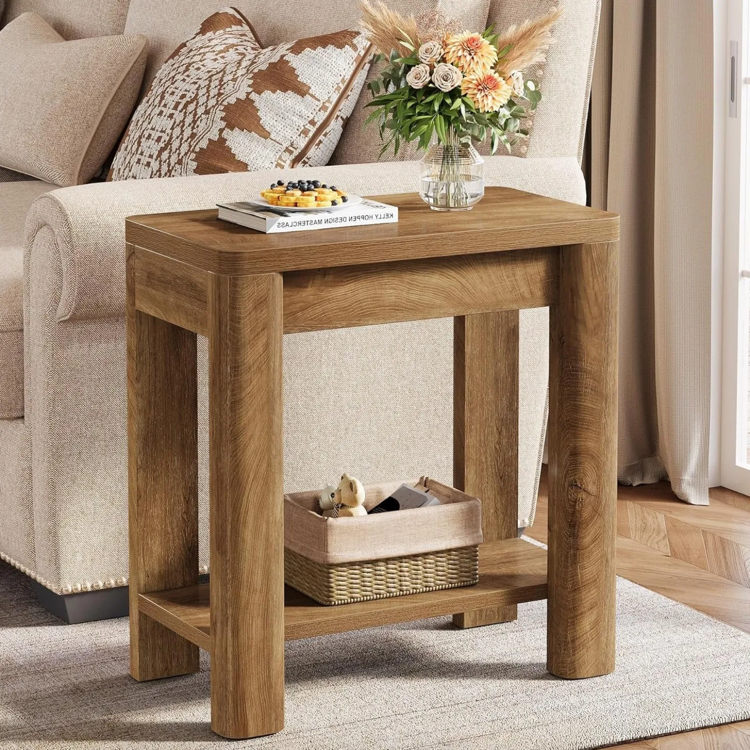 23.6" End Table, Farmhouse Wooden Side Table with Storage Shelf