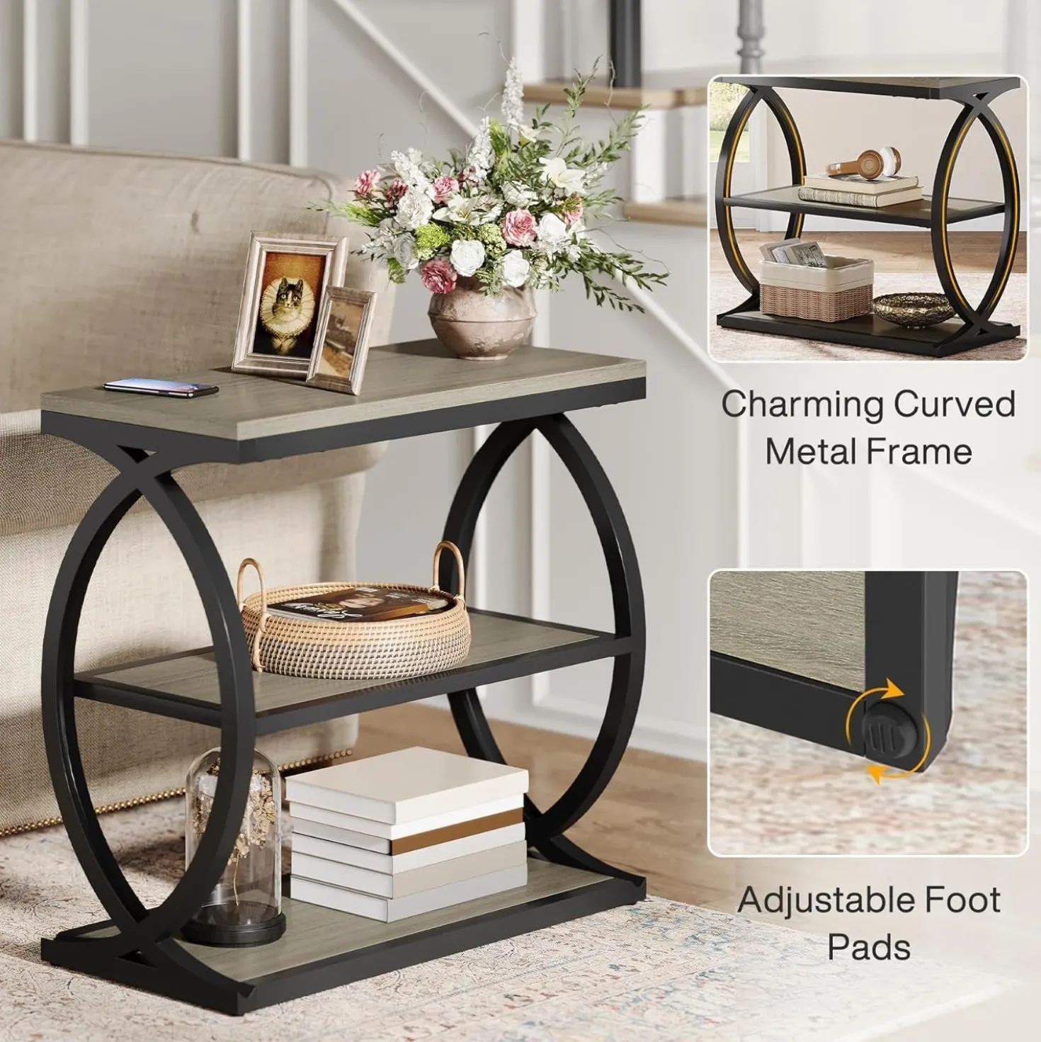 23.6" End Table, Narrow 3-Tier Side Table Nightstand for Living Room
