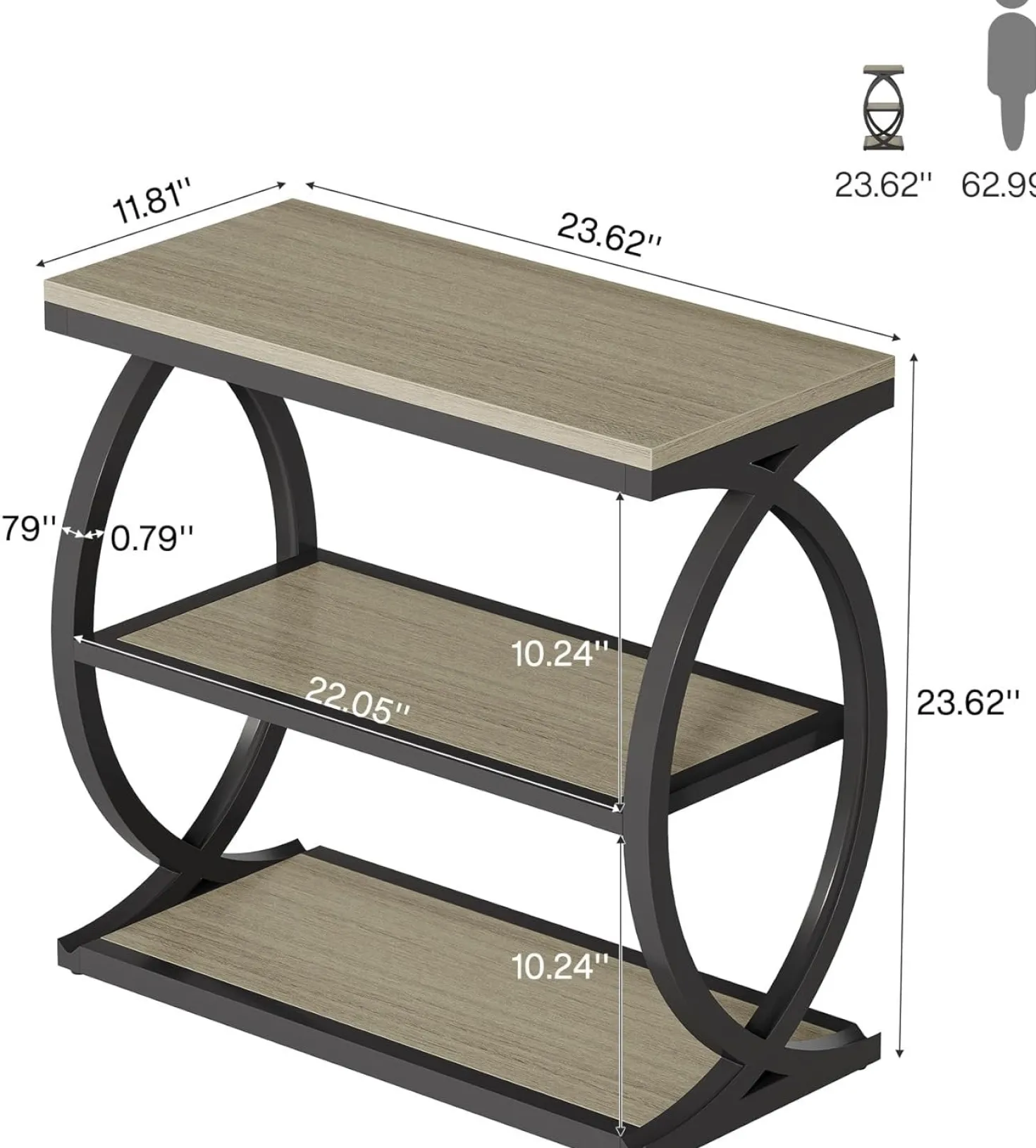 23.6" End Table, Narrow 3-Tier Side Table Nightstand for Living Room
