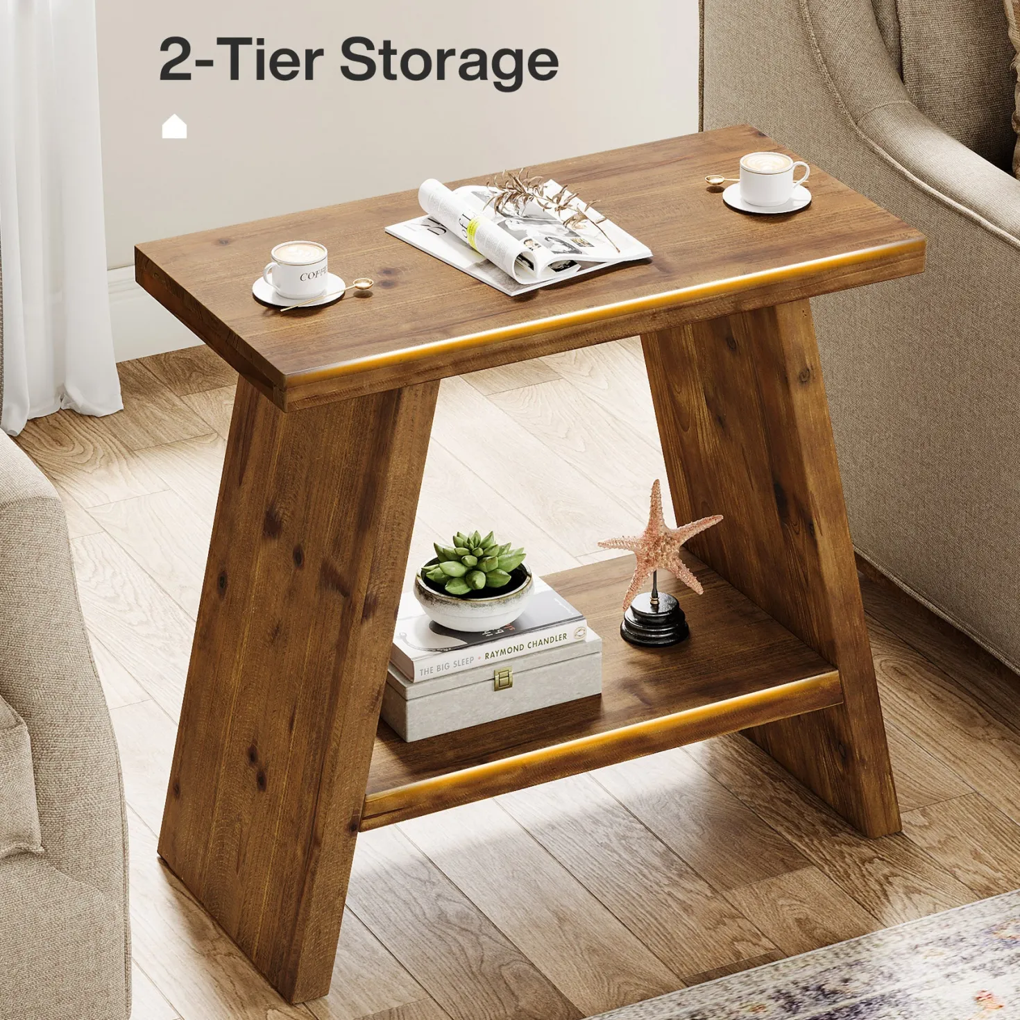 23.6" End Table, Solid Wood Small Side Table with 2-Tier Storage