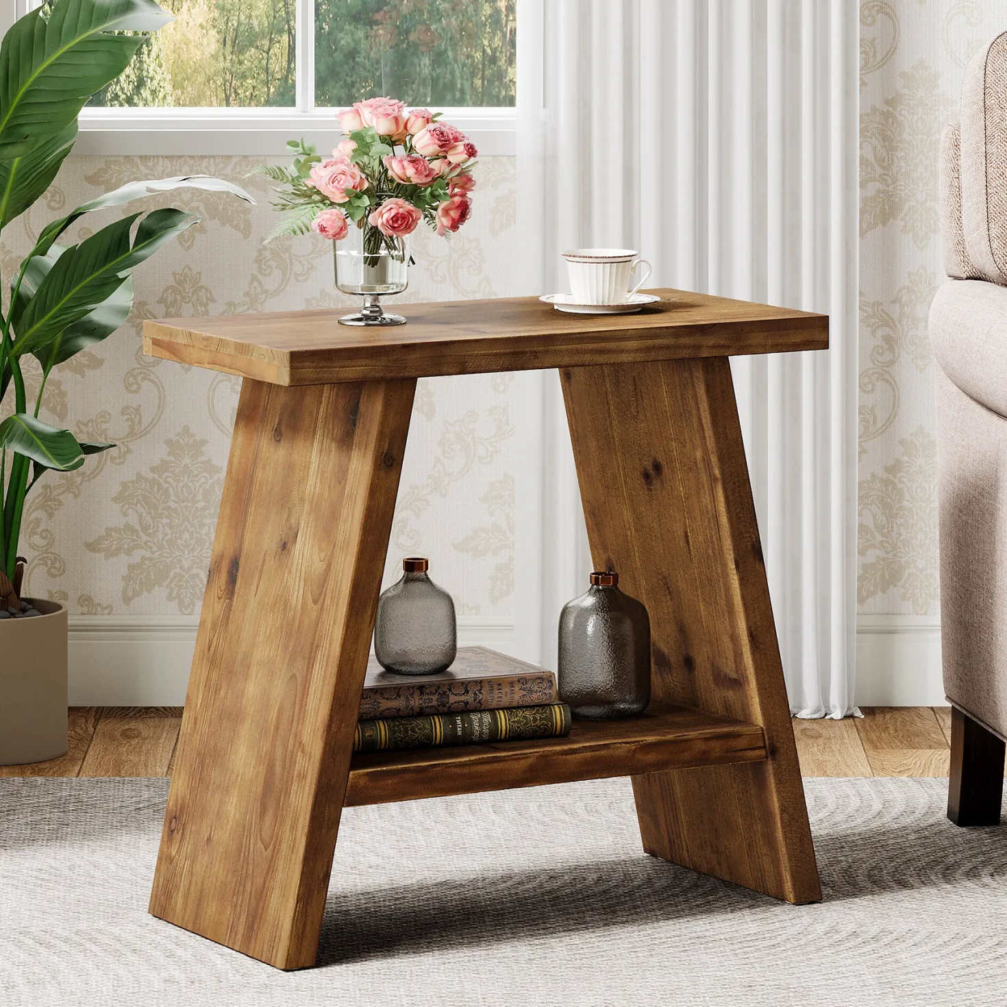 23.6" End Table, Solid Wood Small Side Table with 2-Tier Storage