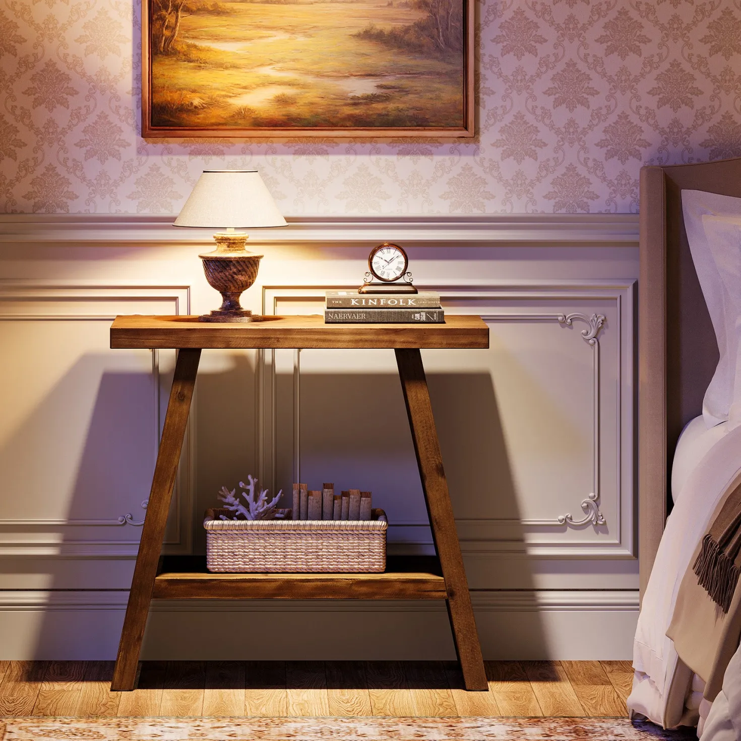 23.6" End Table, Solid Wood Small Side Table with 2-Tier Storage