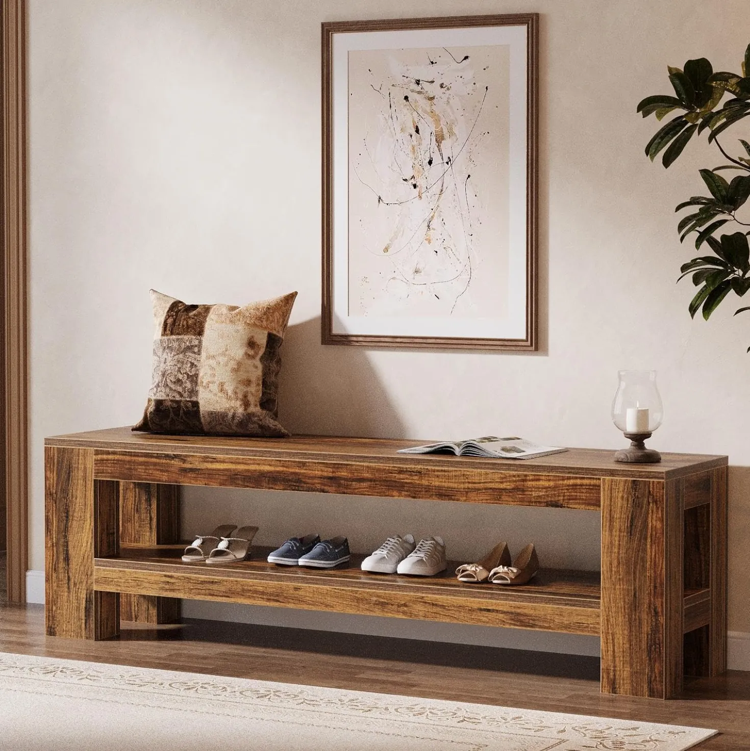59" Entryway Bench, Farmhouse Indoor Console Shoe Bench End of Bed Table