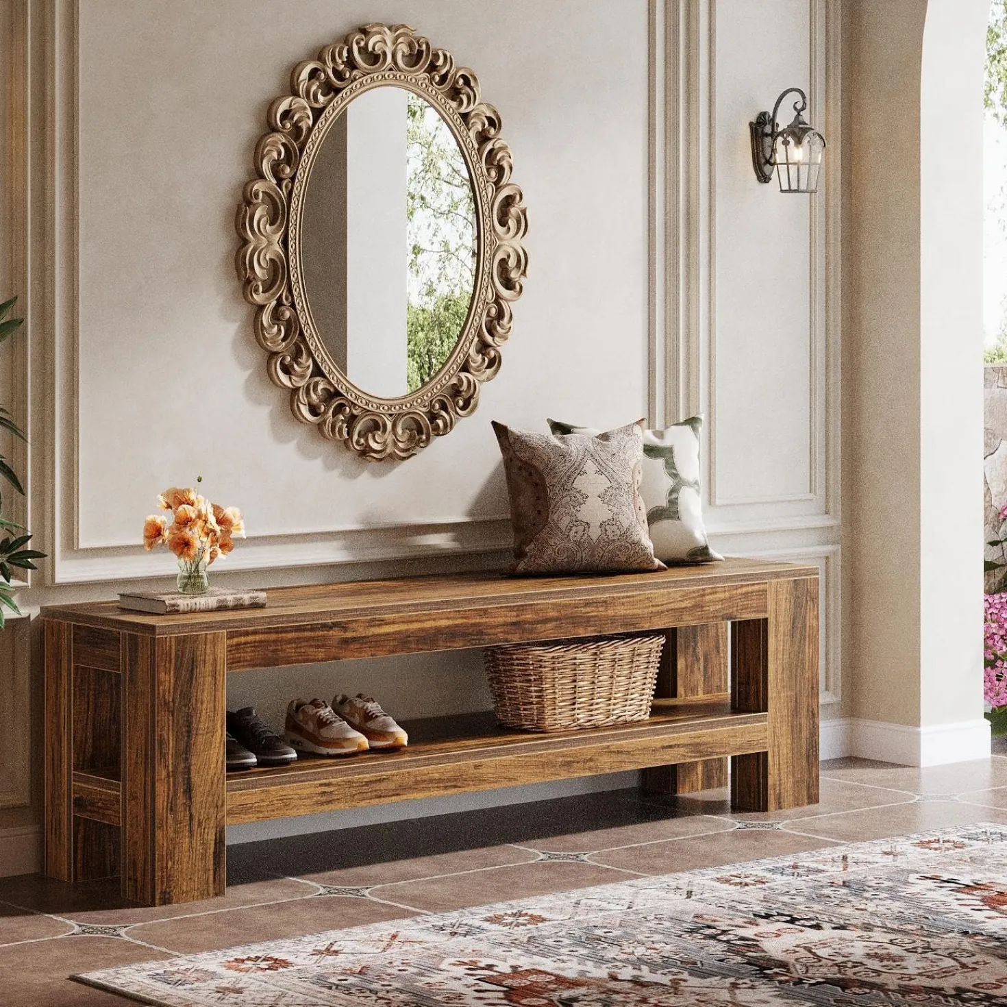 59" Entryway Bench, Farmhouse Indoor Console Shoe Bench End of Bed Table