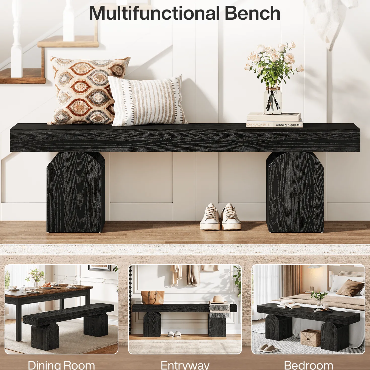 59" Entryway Bench, Long Shoe Bench with Arched Bases