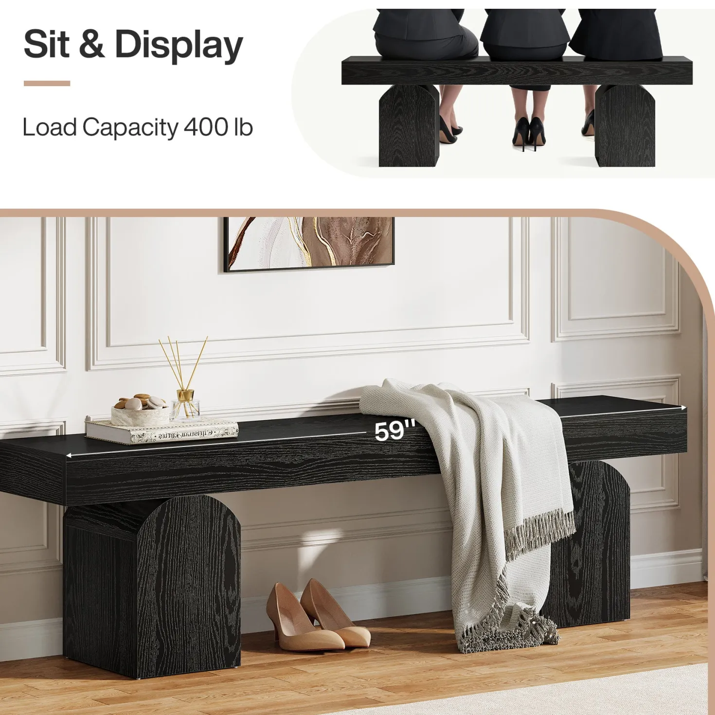 59" Entryway Bench, Long Shoe Bench with Arched Bases