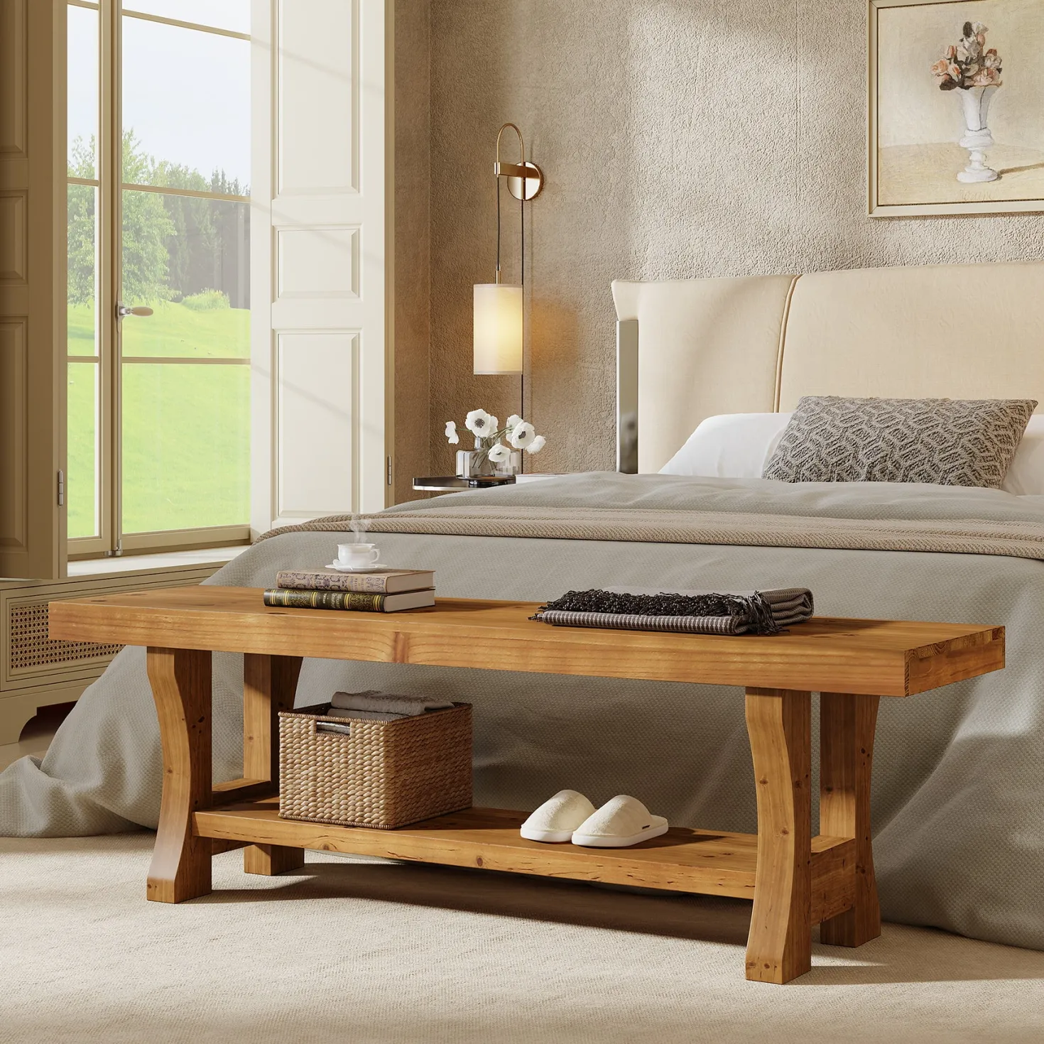 55" Entryway Bench, Solid Wood End of Bed Bench Dining Seat