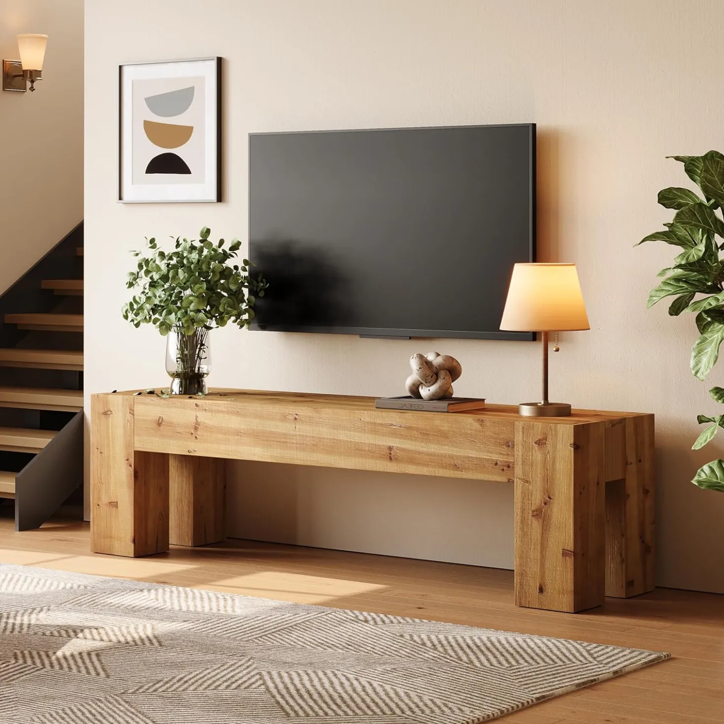 63" Entryway Bench, Solid Wood Bench Heavy Duty TV Stand Media Consoles