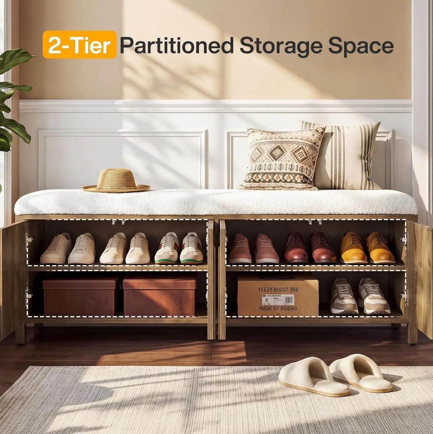 55" Entryway Bench, 2-Tier Shoe Storage Bench with Thickened Padded Seat Cushion