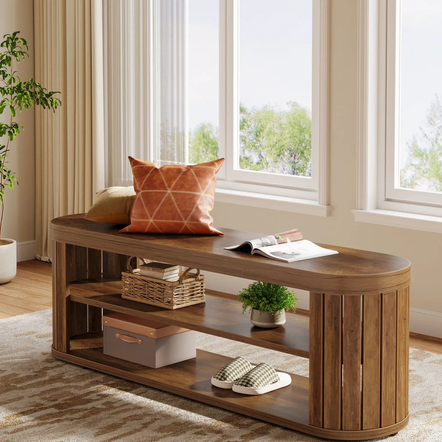 47.2" Entryway Bench, 2-Tier Shoe Bench End of Bed Stool with Storage