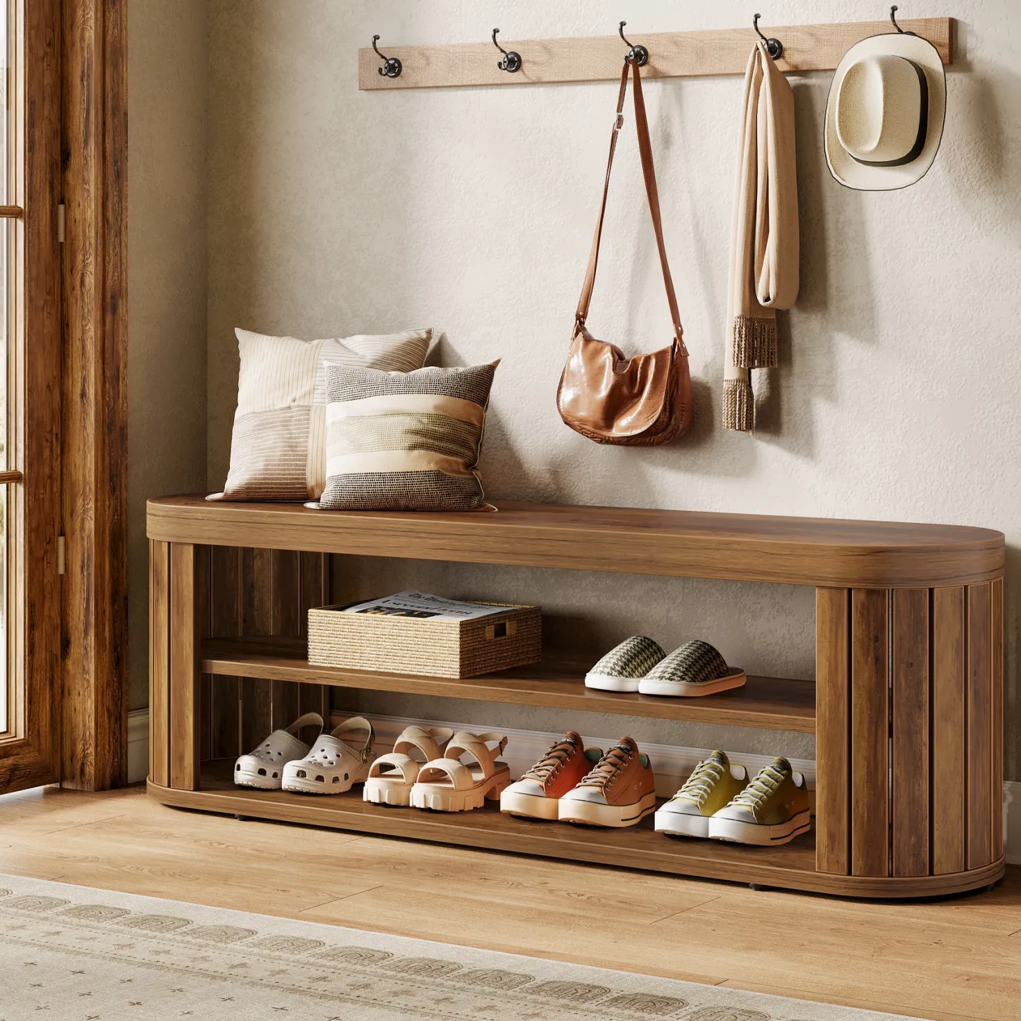 47.2" Entryway Bench, 2-Tier Shoe Bench End of Bed Stool with Storage