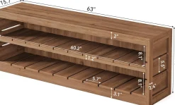 63“ Entryway Bench, 3-Tier Solid Wood Shoe Bench with Open Storage for Living Room