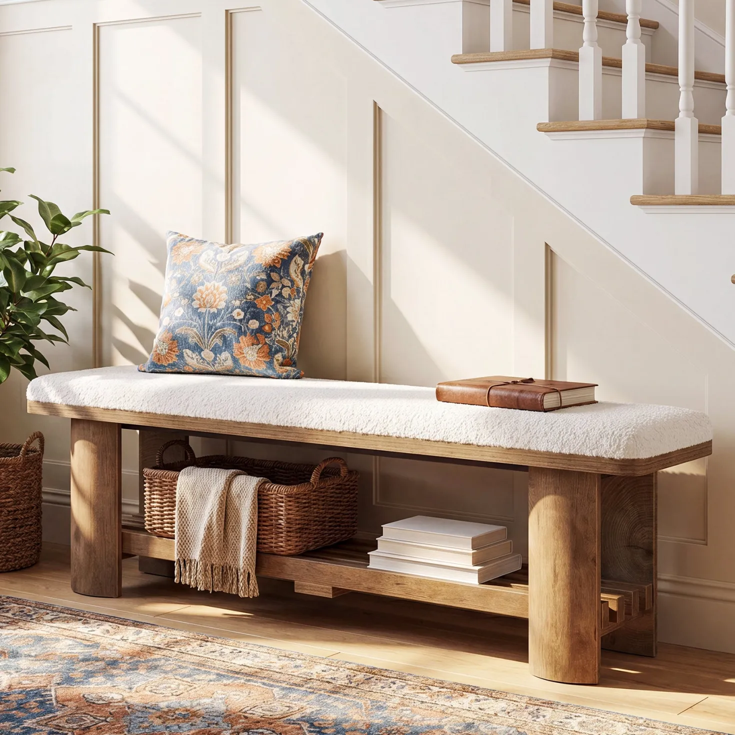62.9" Entryway Bench with Storage, Upholstered Shoe Bench with Faux Lamb Wool Cushion