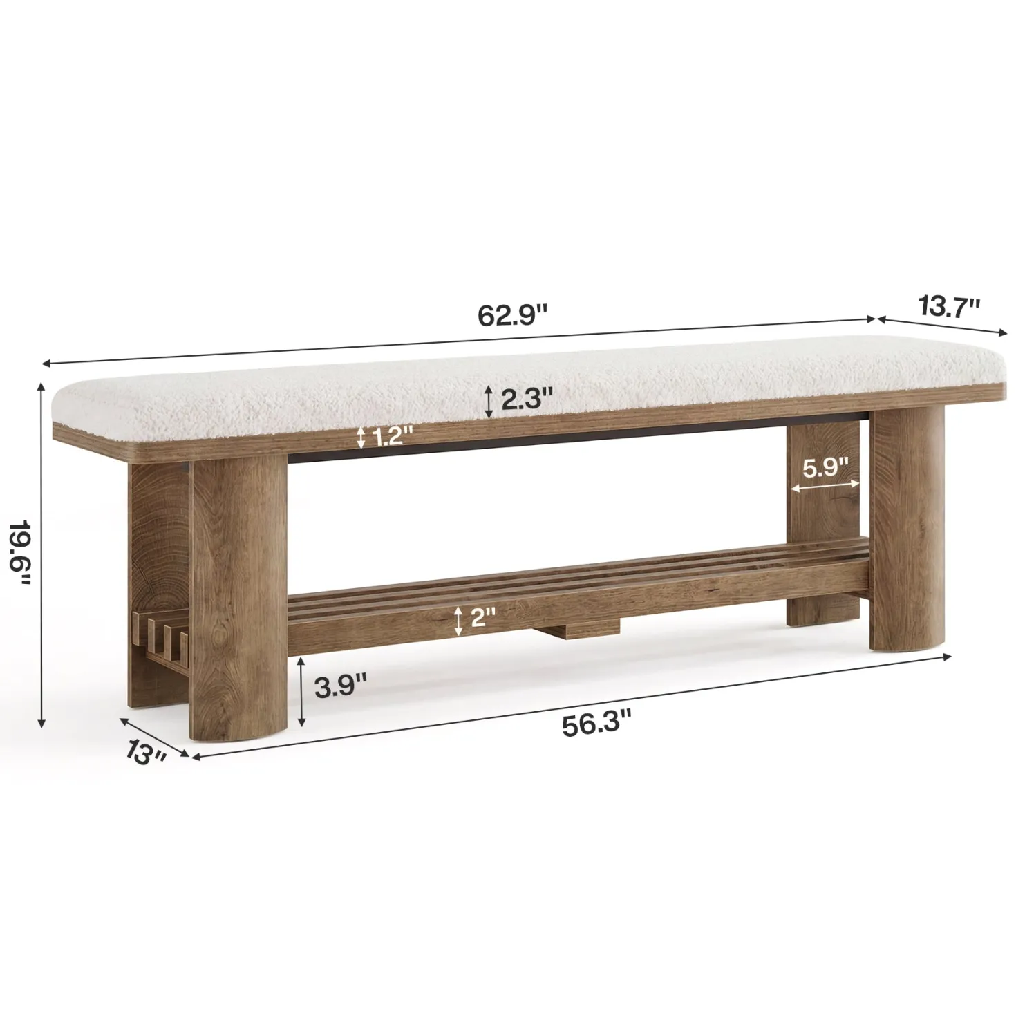 62.9" Entryway Bench with Storage, Upholstered Shoe Bench with Faux Lamb Wool Cushion