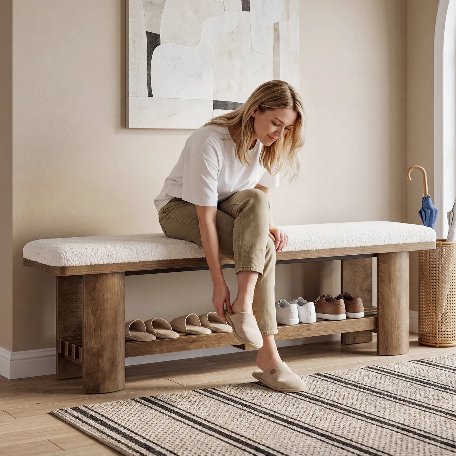 62.9" Entryway Bench with Storage, Upholstered Shoe Bench with Faux Lamb Wool Cushion