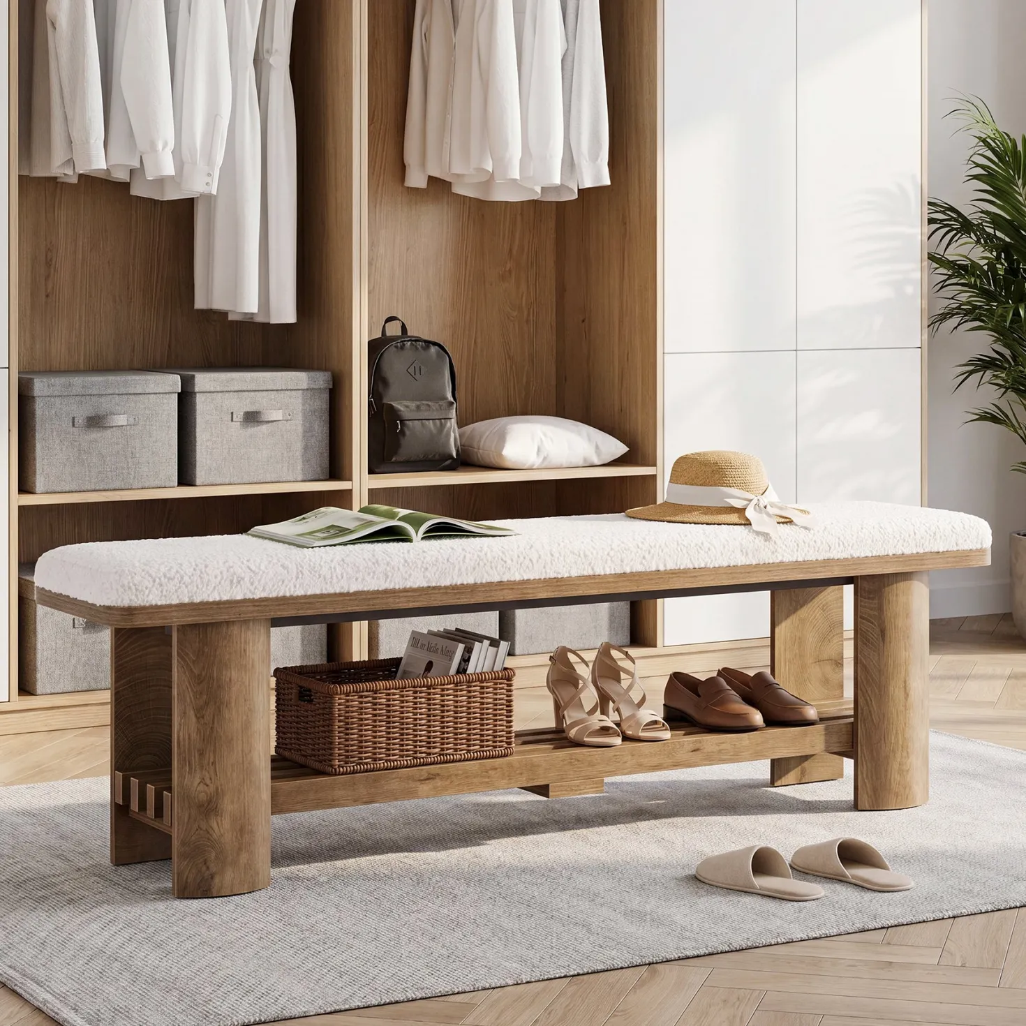 62.9" Entryway Bench with Storage, Upholstered Shoe Bench with Faux Lamb Wool Cushion