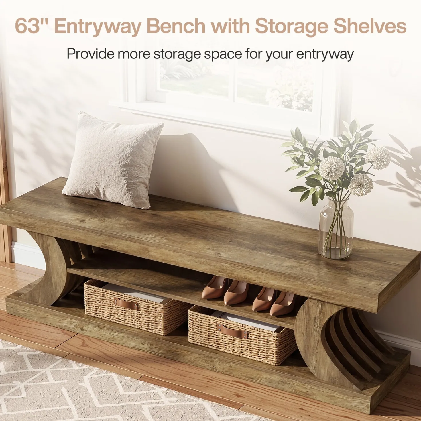 63" Entryway Bench, Wooden 3-Tier End of Bed Bench with Open Storage