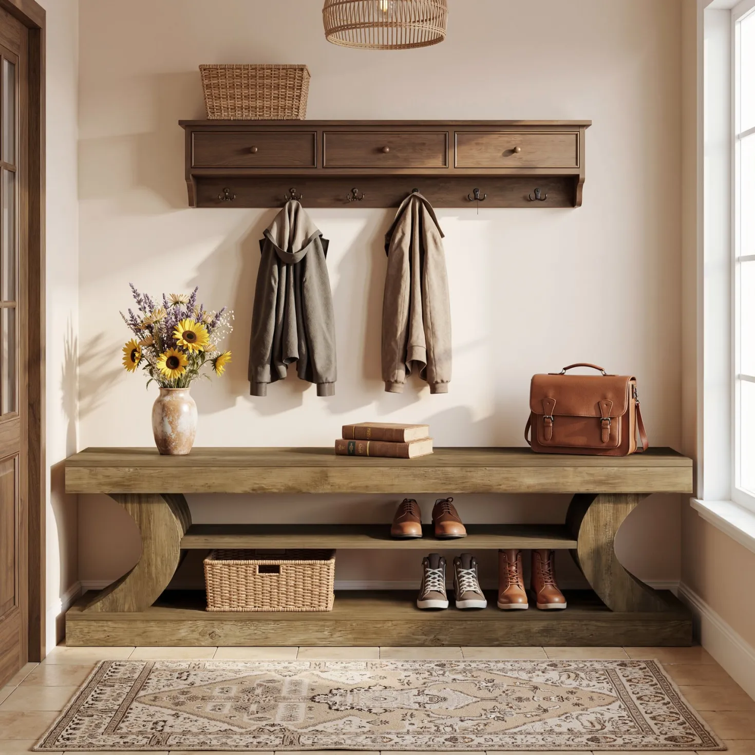 63" Entryway Bench, Wooden 3-Tier End of Bed Bench with Open Storage