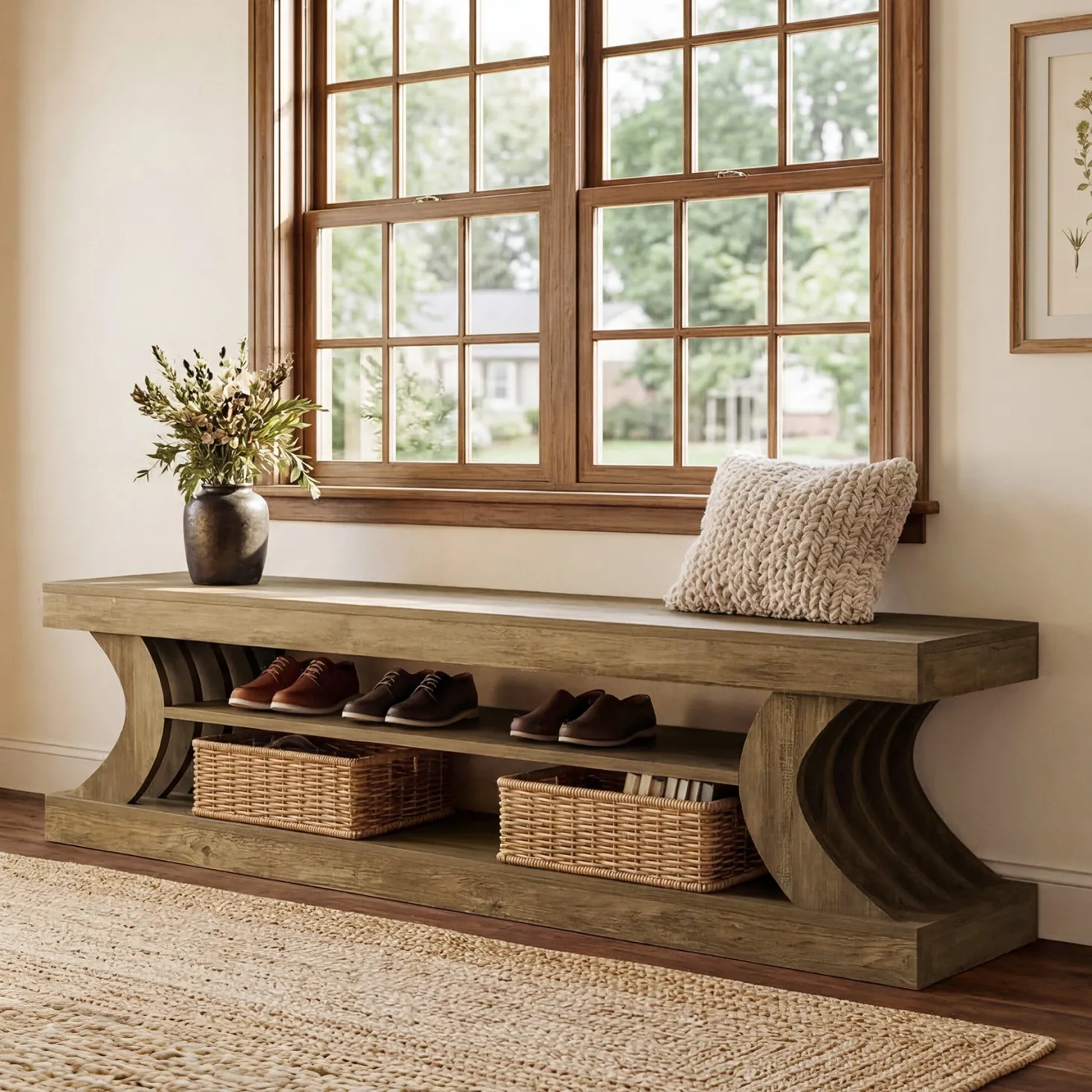 63" Entryway Bench, Wooden 3-Tier End of Bed Bench with Open Storage