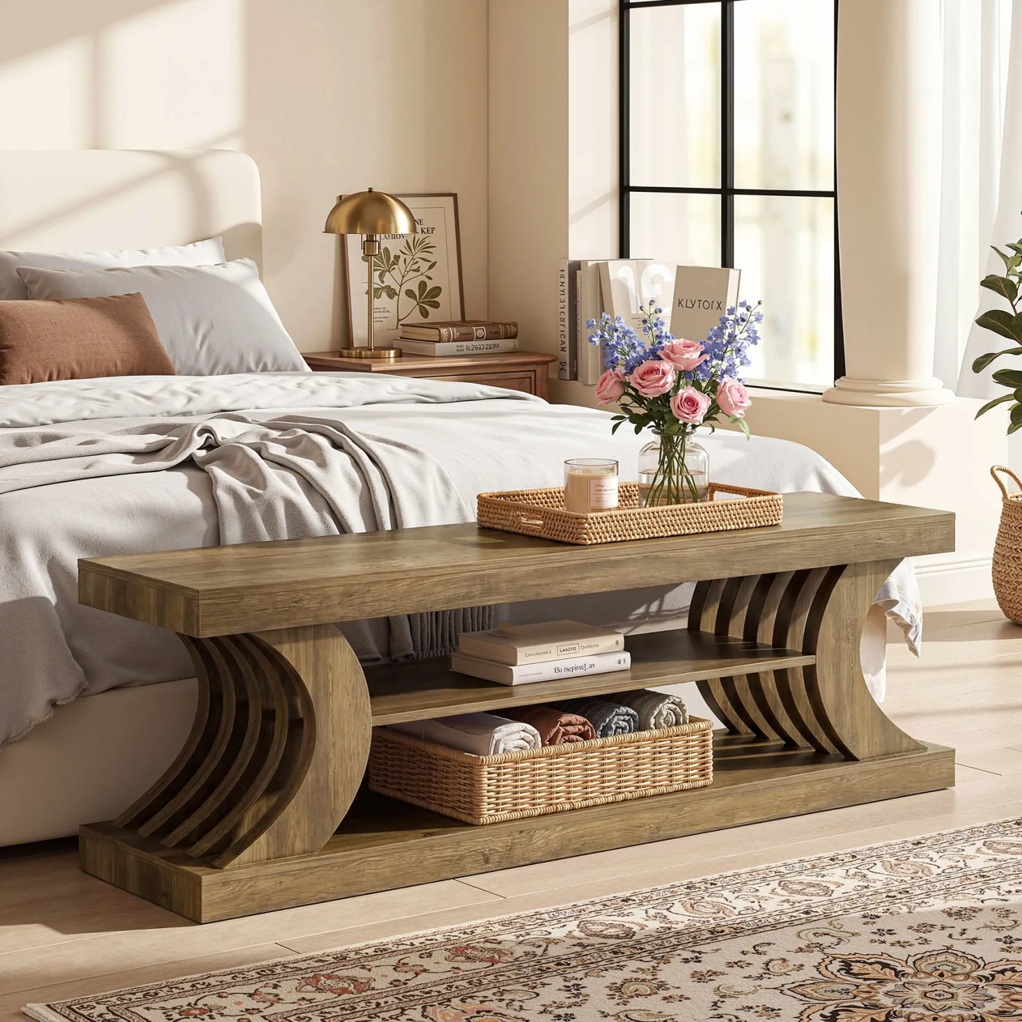 63" Entryway Bench, Wooden 3-Tier End of Bed Bench with Open Storage