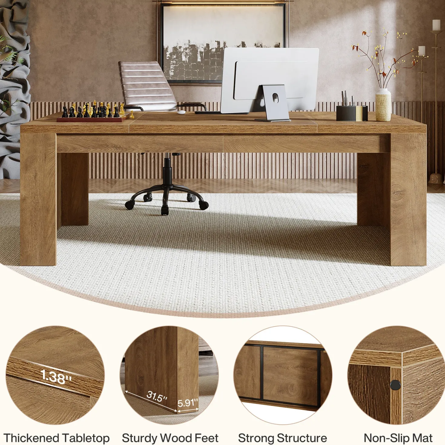 70.87" Executive Desk, Farmhouse Computer Desk with Double Pedestal Legs