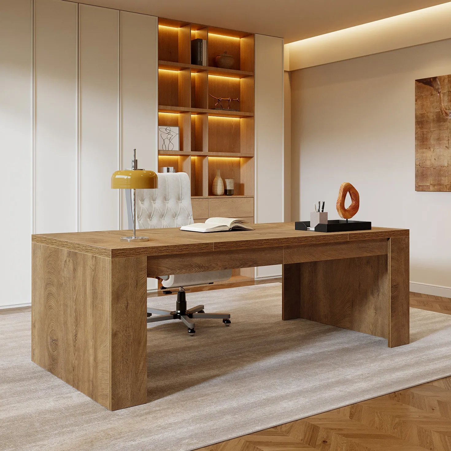 70.87" Executive Desk, Farmhouse Computer Desk with Double Pedestal Legs