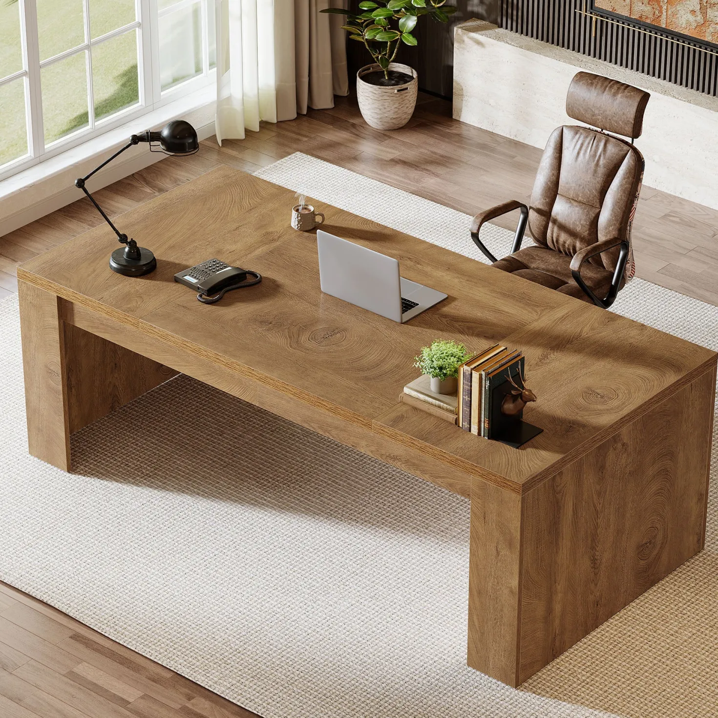 70.87" Executive Desk, Farmhouse Computer Desk with Double Pedestal Legs