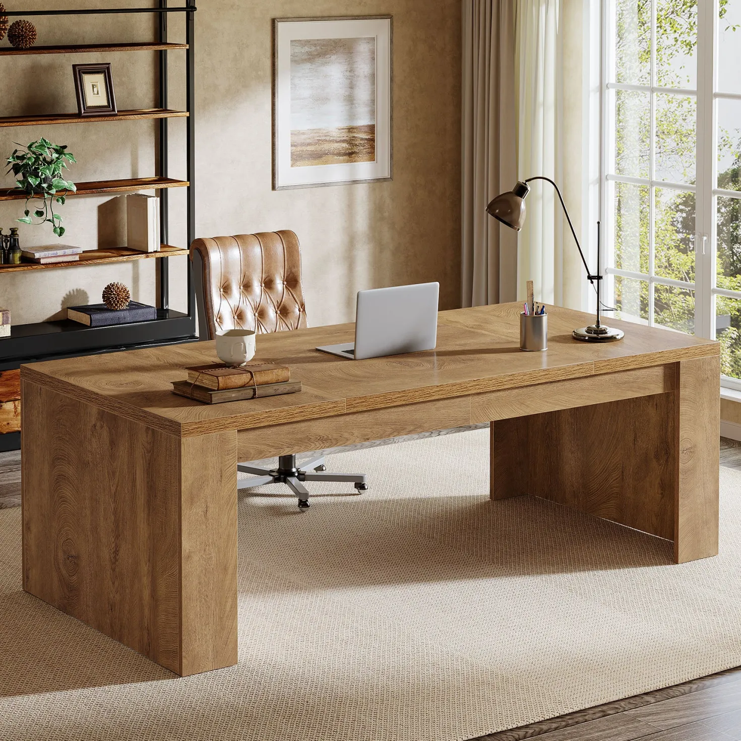 70.87" Executive Desk, Farmhouse Computer Desk with Double Pedestal Legs