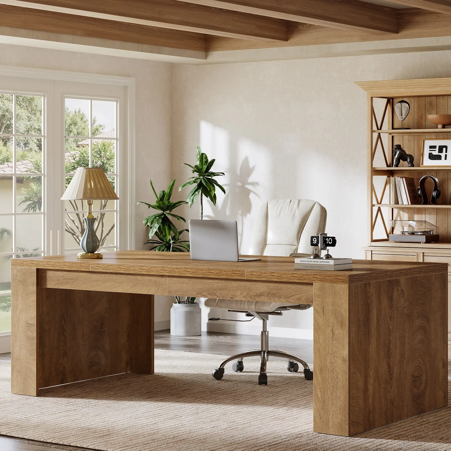 70.87" Executive Desk, Farmhouse Computer Desk with Double Pedestal Legs