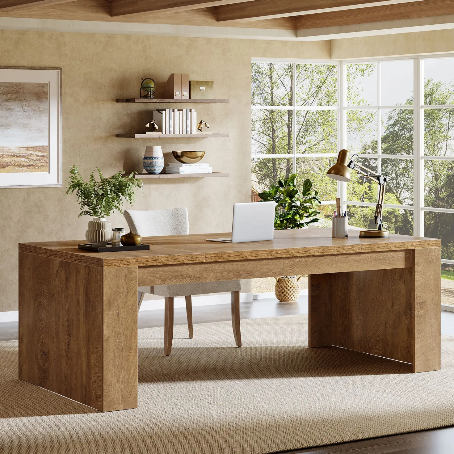 70.87" Executive Desk, Farmhouse Computer Desk with Double Pedestal Legs