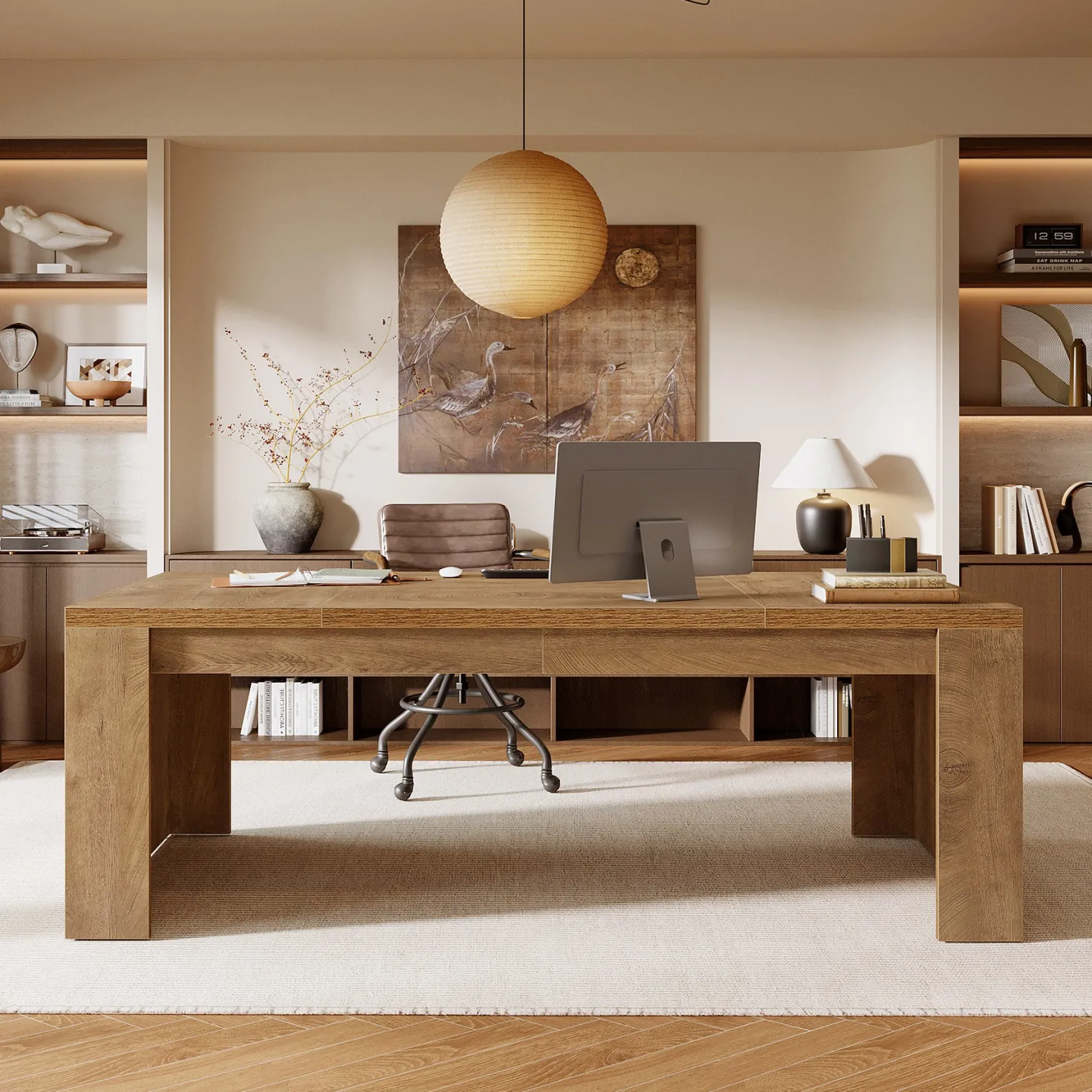 70.87" Executive Desk, Farmhouse Computer Desk with Double Pedestal Legs