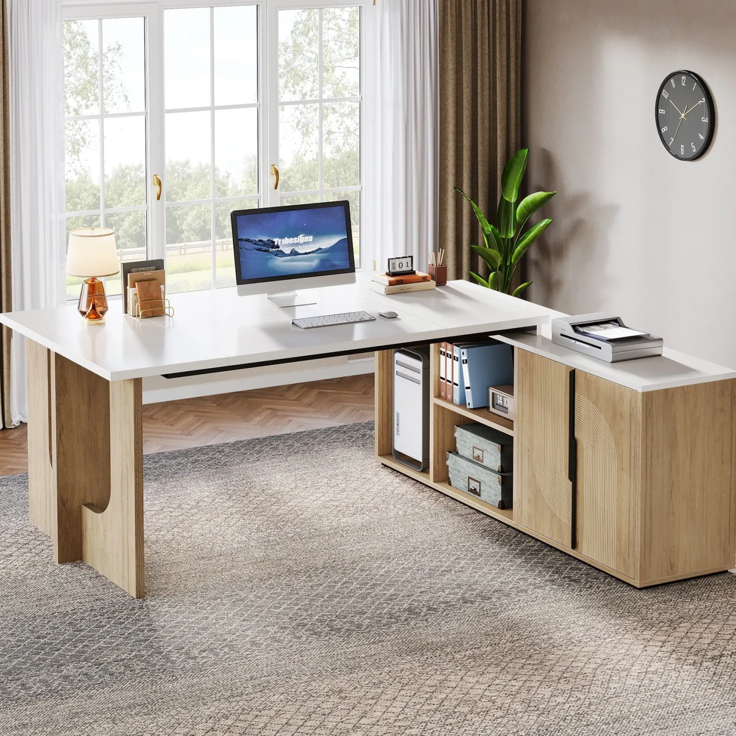 74" Executive Desk, L-Shaped Computer Desk Office Desk With Cabinet