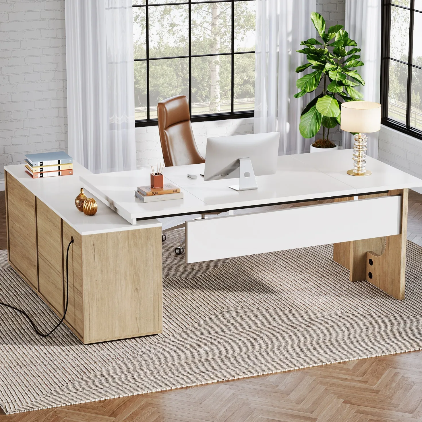 74" Executive Desk, L-Shaped Computer Desk Office Desk With Cabinet